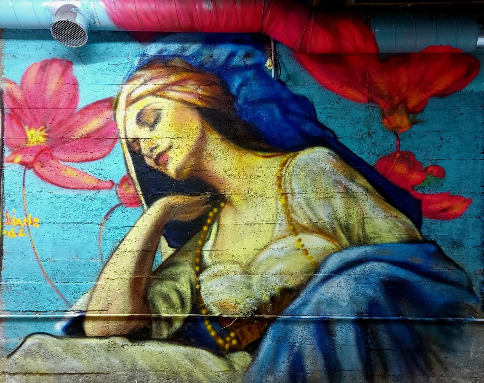 Fresque femme endormie sur fond turquoise entourée de fleurs rouges