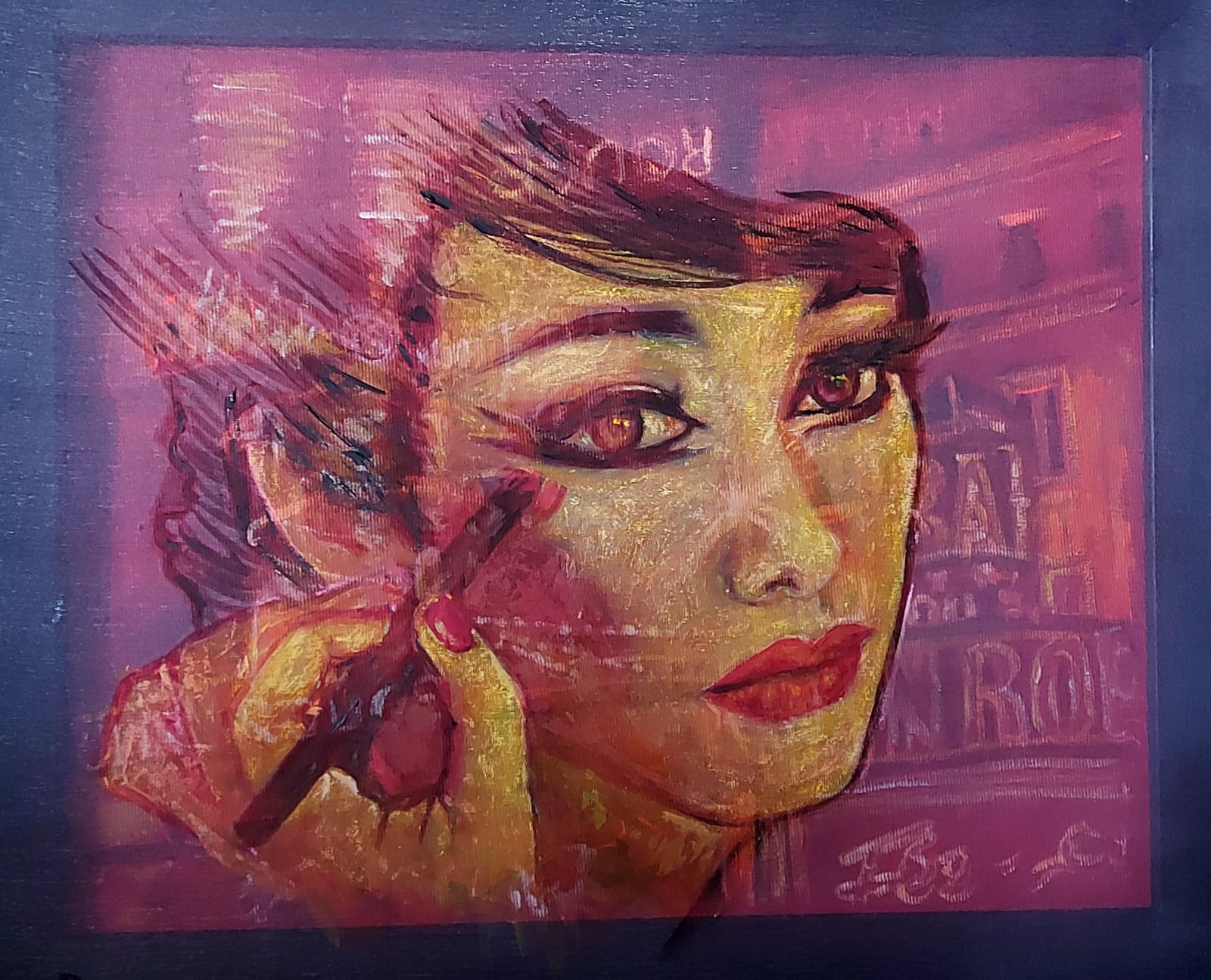 Toile portrait femme rouge passant du rouge à lèvres