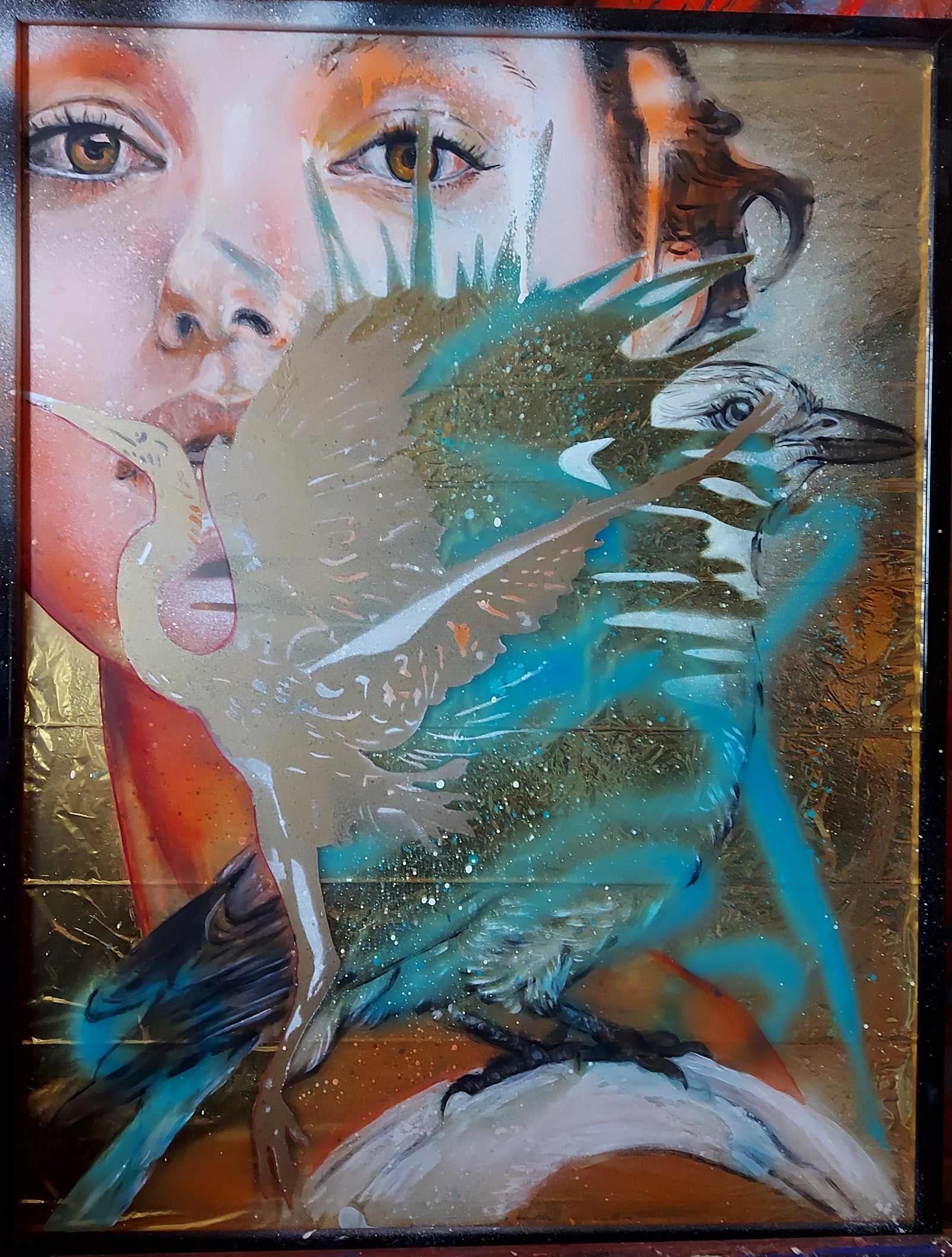 Toile portrait — yeux et deux oiseaux sur fond doré et turquoise