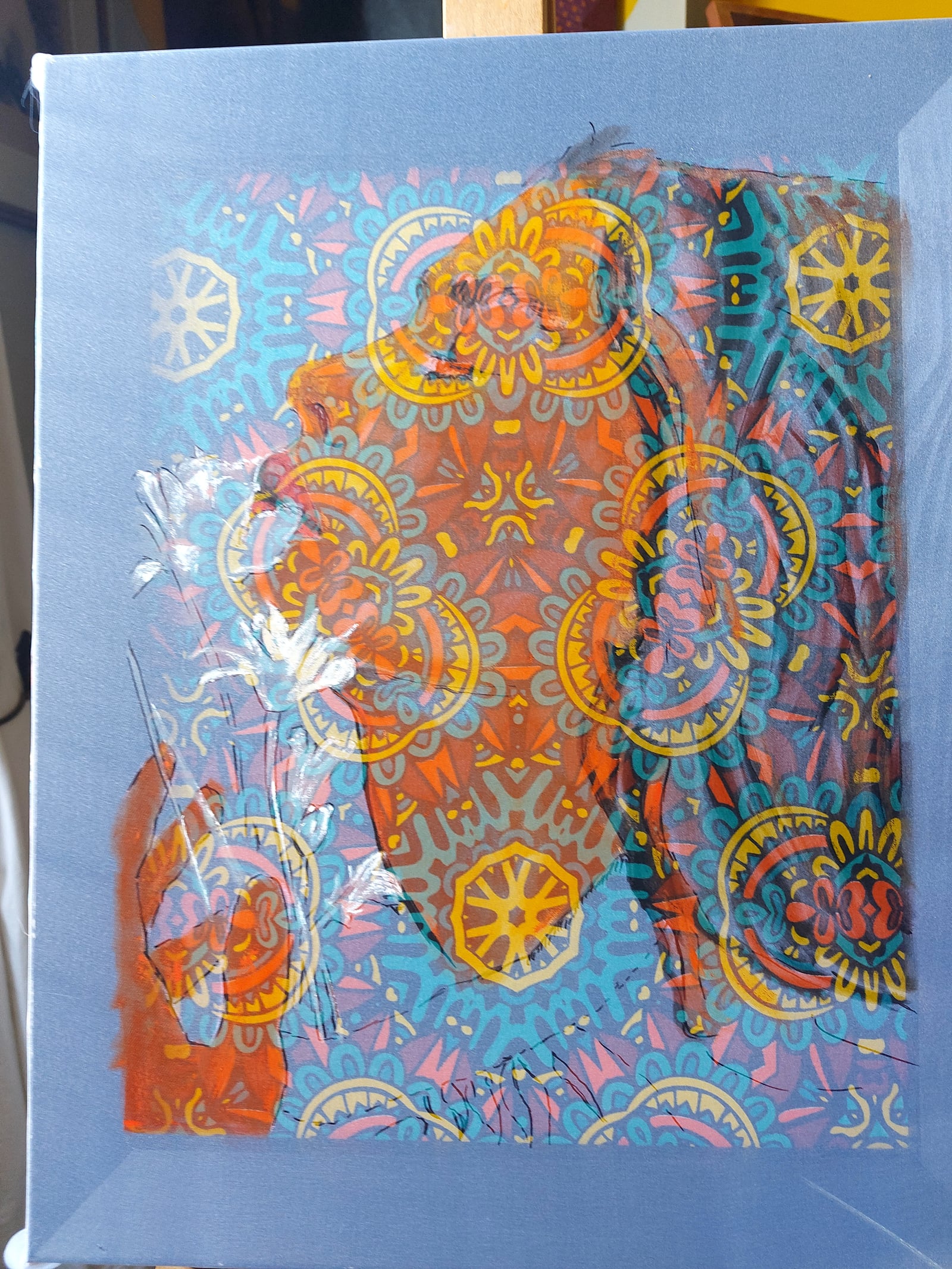 Toile portrait orange entièrement recouvert de mandalas