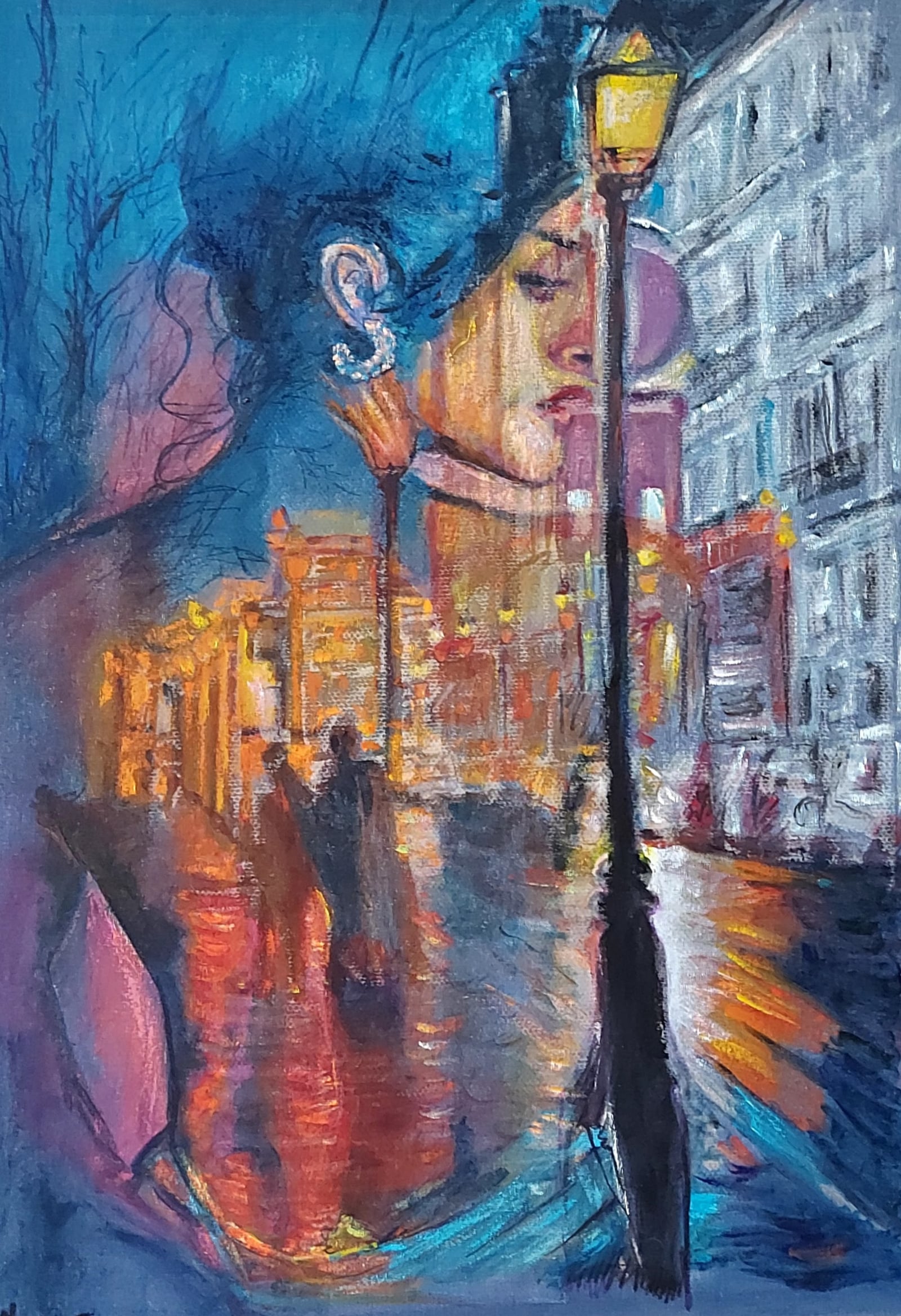 Toile impressionniste — femme et lampadaire dans une rue de Paris