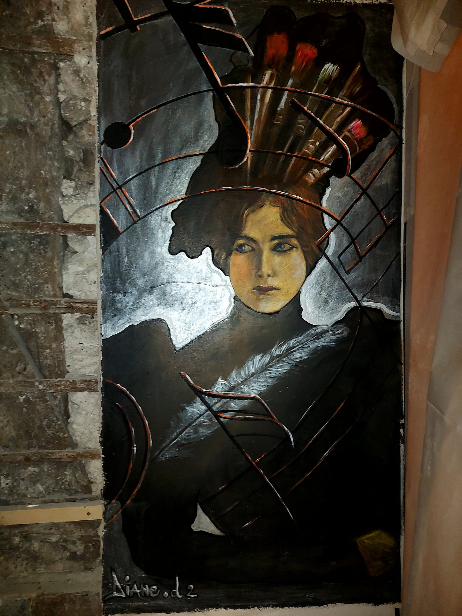 Toile portrait femme au chapeau orné dans cadre ovale