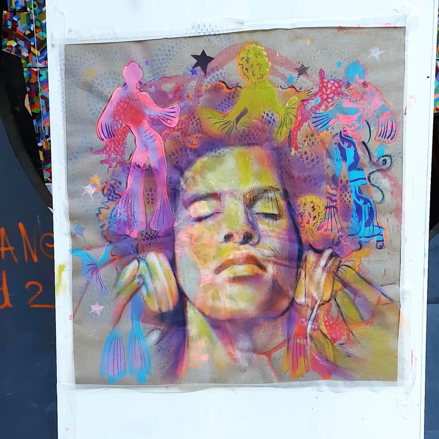 Toile psychédélique portrait yeux clos