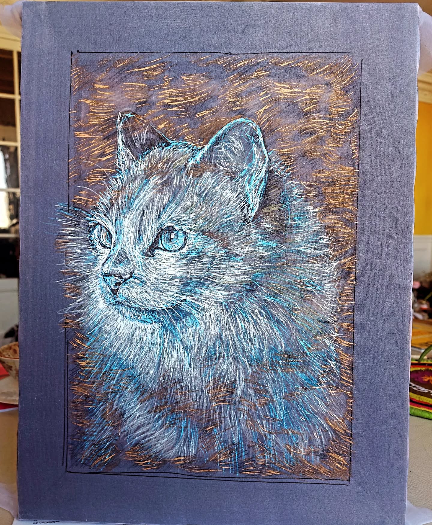 Toile portrait chaton bleu et blanc